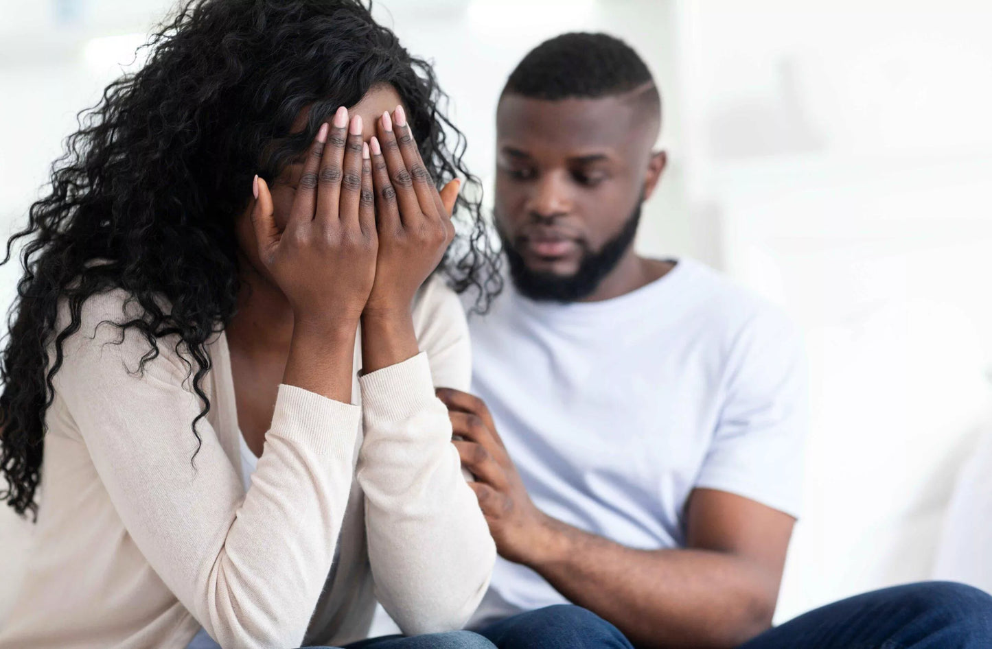 sexual shame - black couple woman crying